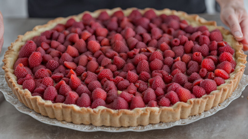 Finished Raspberry Strawberry Tart with fresh berries and mint garnish.