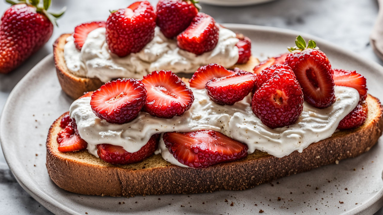 Roasted Strawberry Ricotta Toast on a wooden board