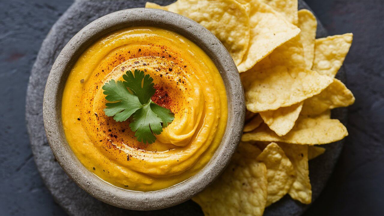 A bowl of creamy dairy-free queso cheese substitute, garnished with paprika and served with tortilla chips on a rustic wooden table.