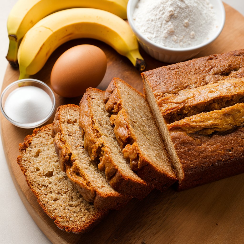 Ingredients for 4 ingredient banana bread: bananas, eggs, sugar, and self-rising flour