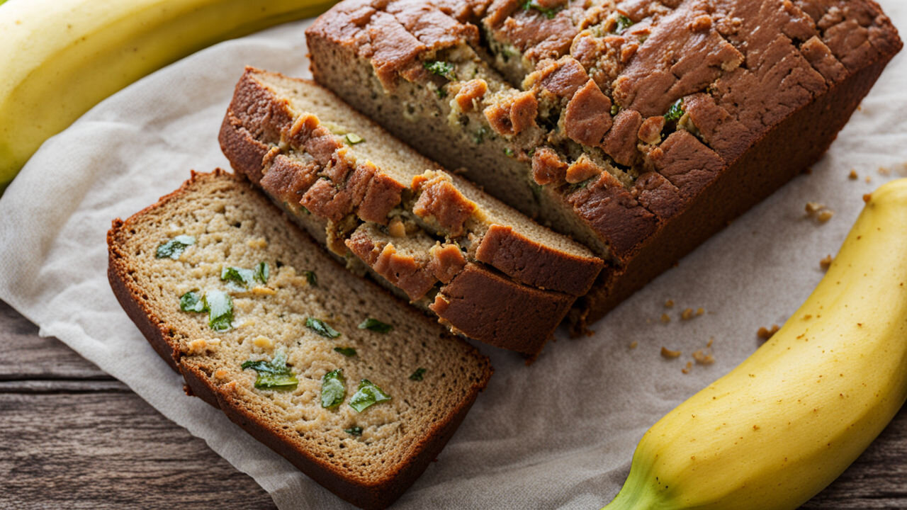 Freshly baked banana zucchini bread with a slice ready to enjoy