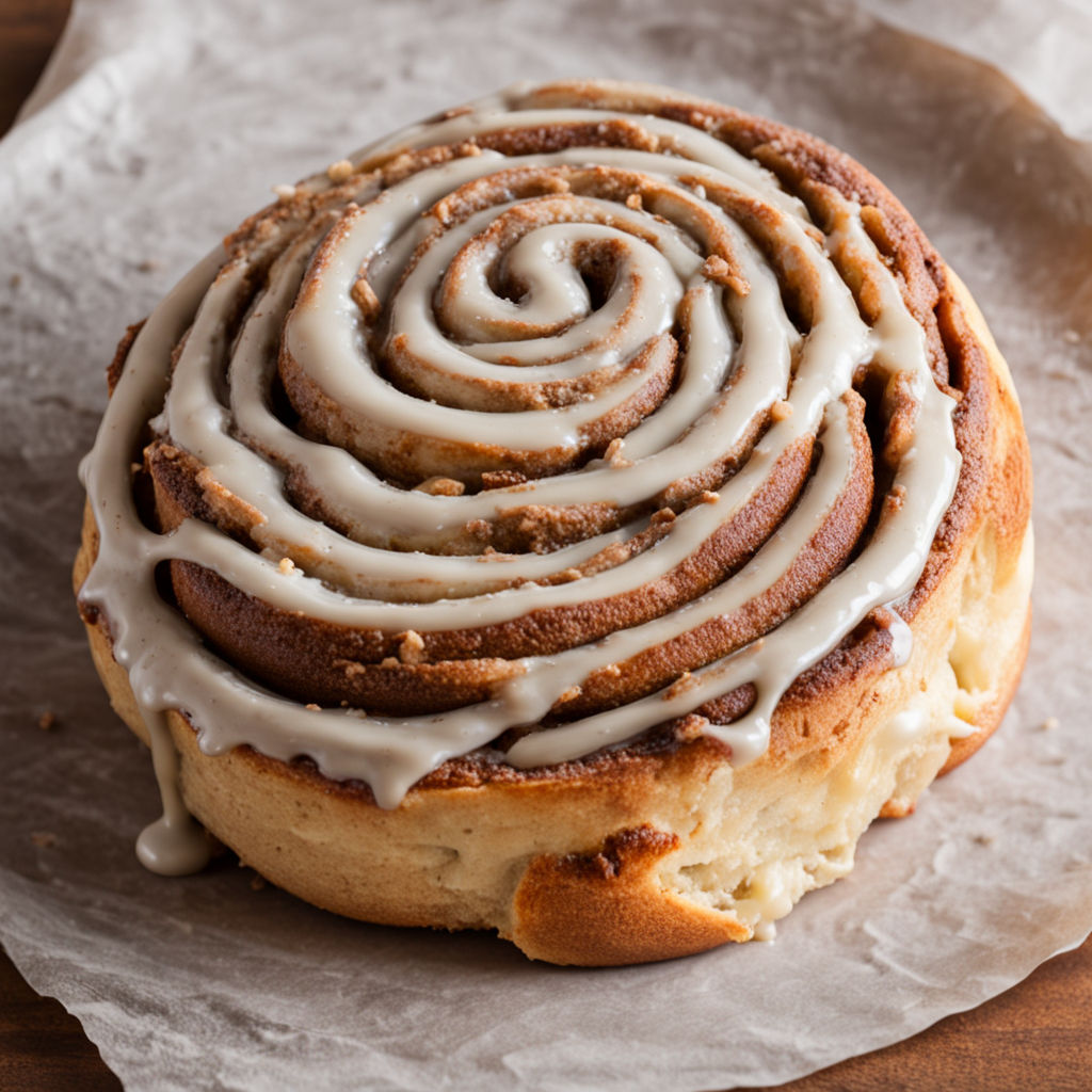 Delicious freshly baked sourdough cinnamon roll topped with cream cheese icing and sprinkled with cinnamon.