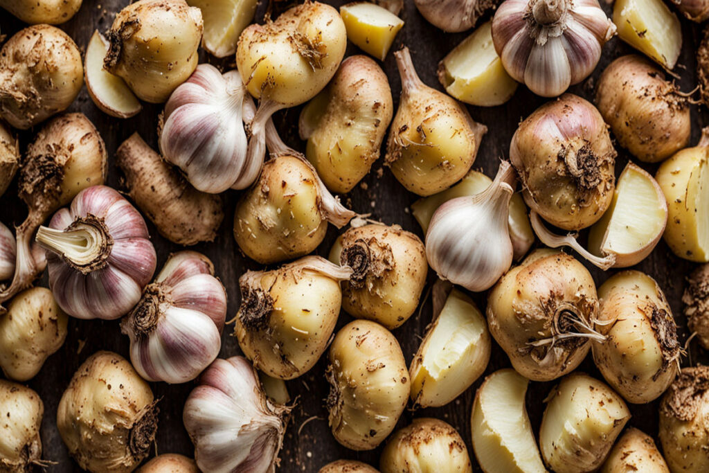 How do you keep garlic from burning when roasting potatoes?